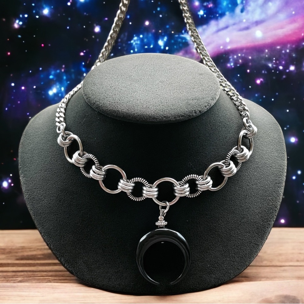stainless steel necklace cuban chain black buffalo horn crescent moon charm - Picture 4 of 10